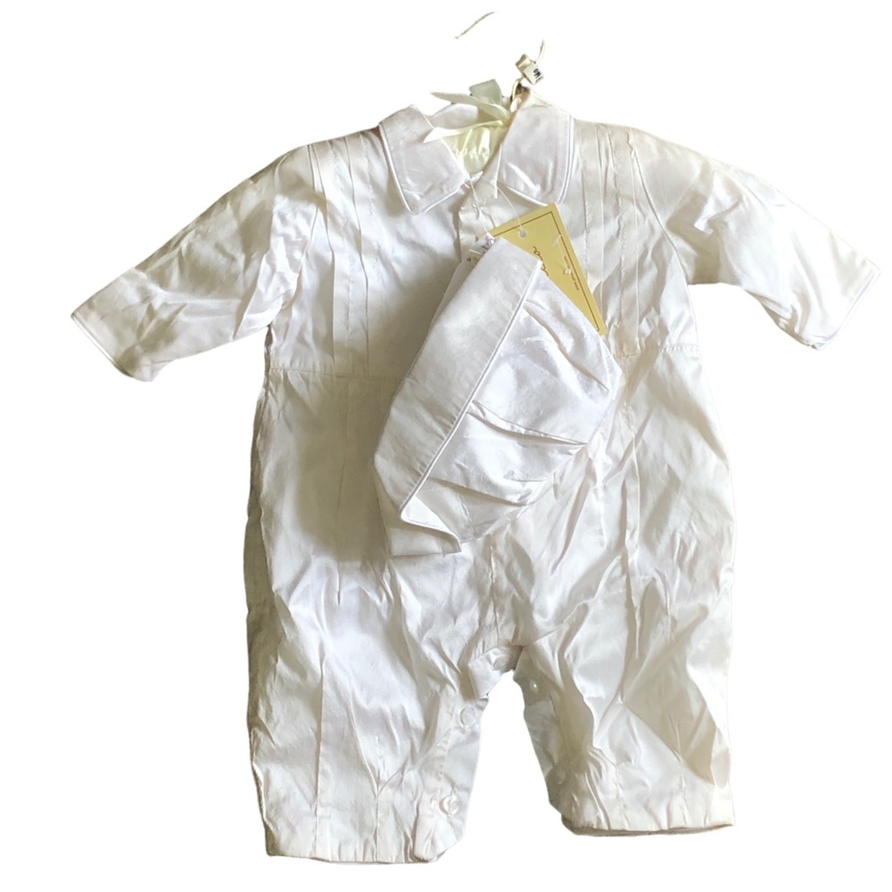 Annacello SILK baby boy formal baptism dedication hat and romper set
